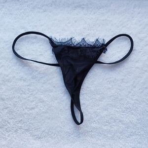 Black Sheer Lace Trim Thong, Size M